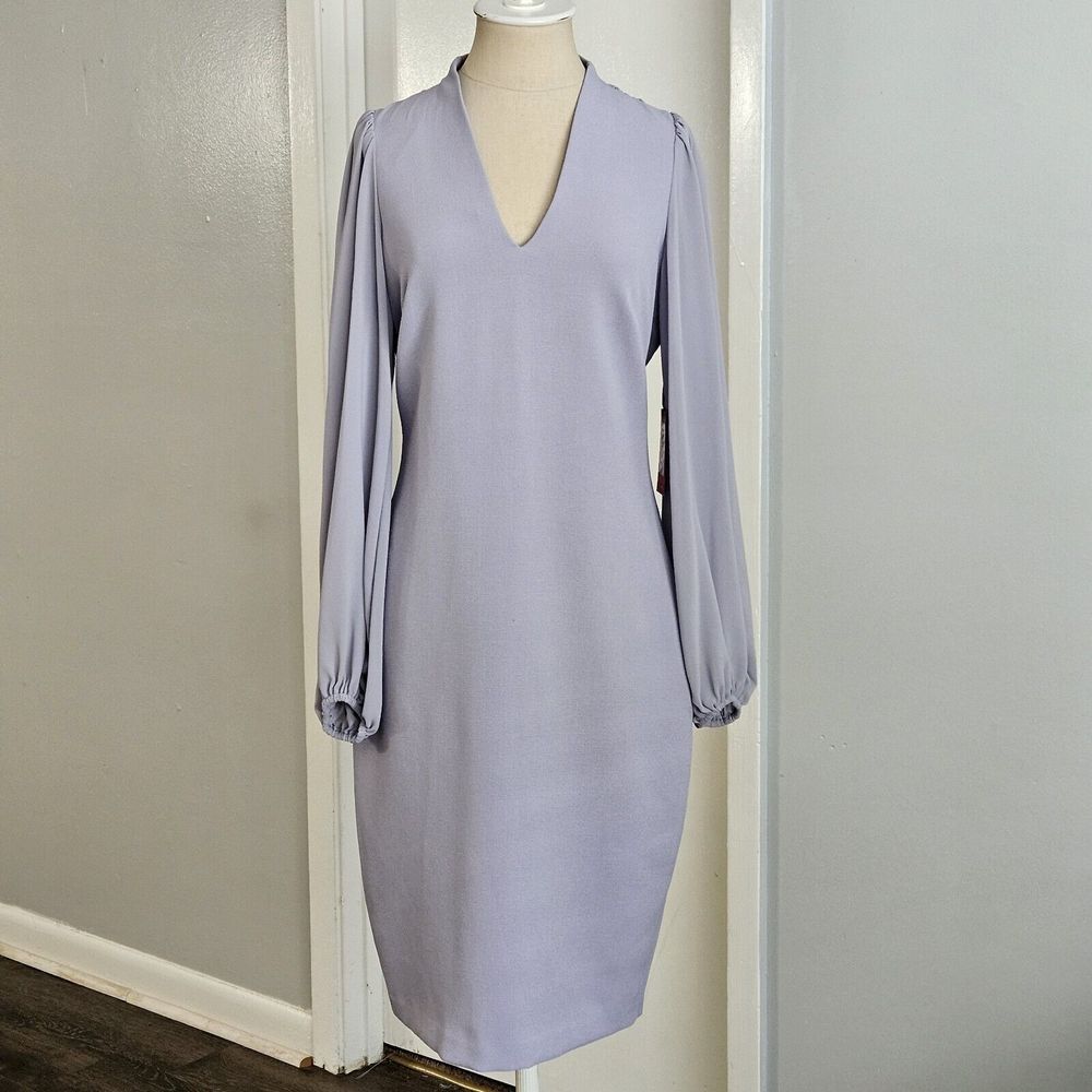 Vince Camuto $158 Grey V-Neck Long Chiffon Sleeve Crepe Sheath Dress Size 6 - Picture 2 of 10